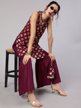 Purple Foil Print Kurta Sharara With Potli Bag & Necklace - Elganza