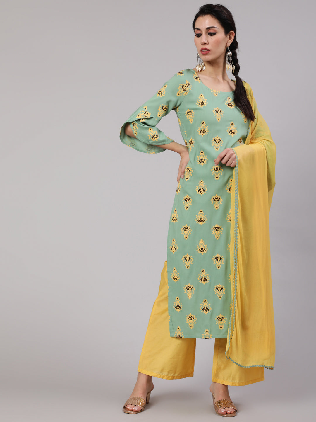 Green & Yellow Printed Kurta Palazzo With Dupatta - Elganza