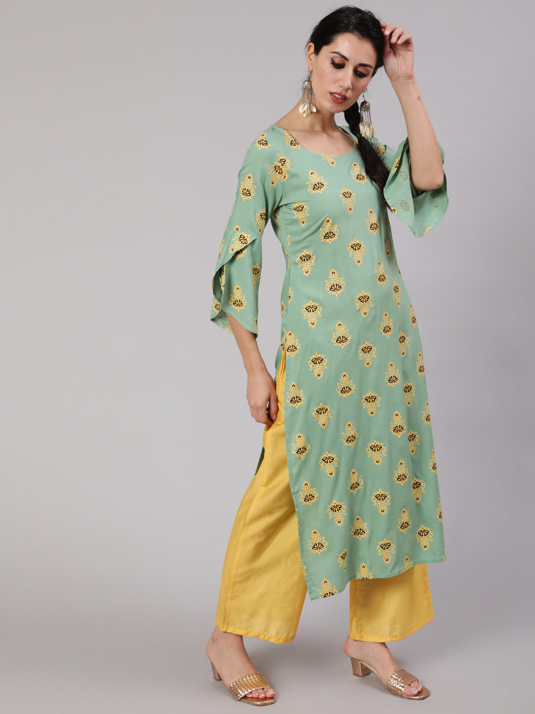 Green & Yellow Printed Kurta Palazzo With Dupatta - Elganza