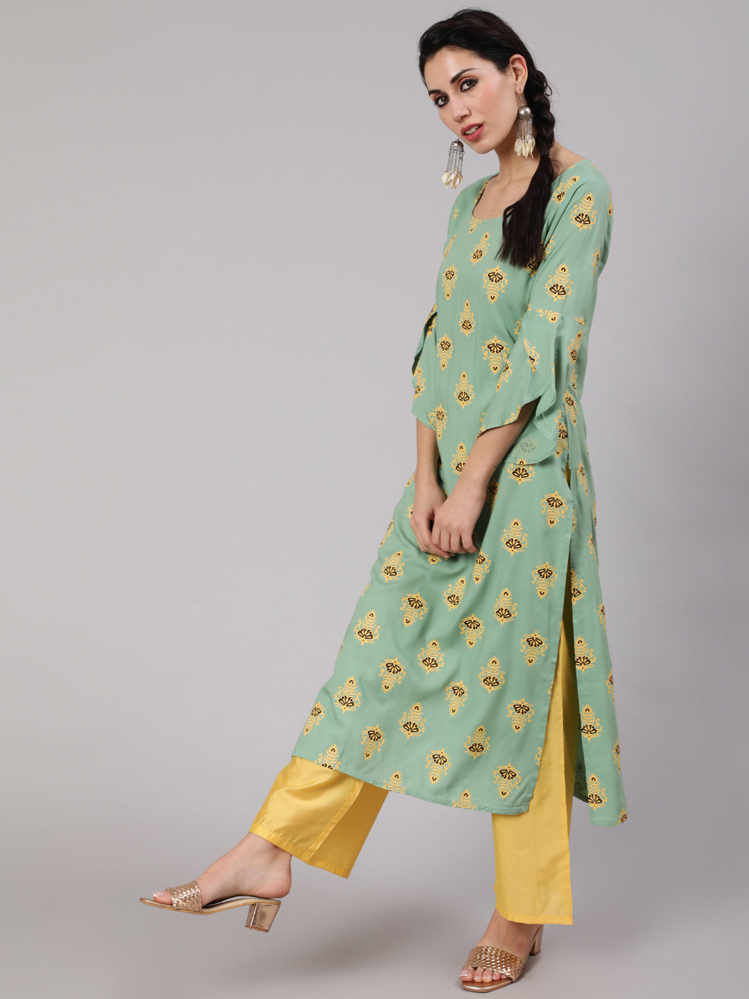 Green & Yellow Printed Kurta Palazzo With Dupatta - Elganza