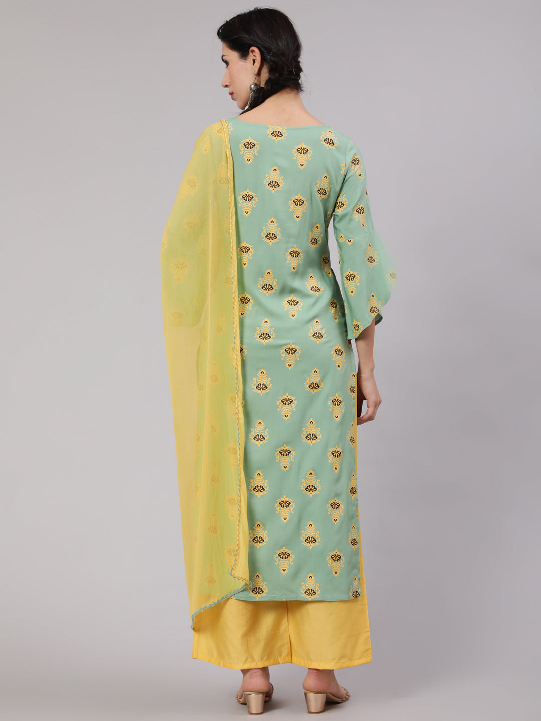 Green & Yellow Printed Kurta Palazzo With Dupatta - Elganza