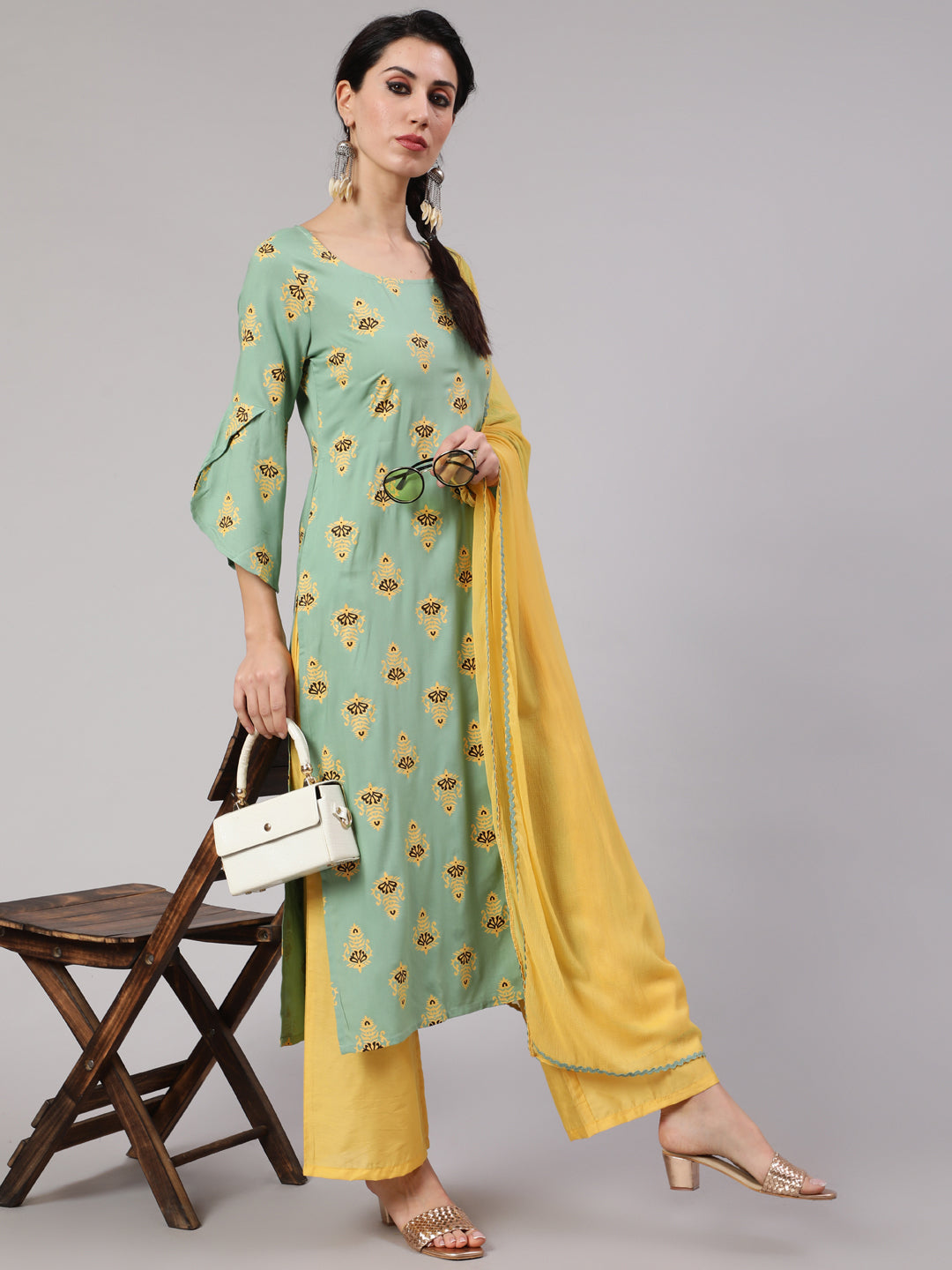 Green & Yellow Printed Kurta Palazzo With Dupatta - Elganza