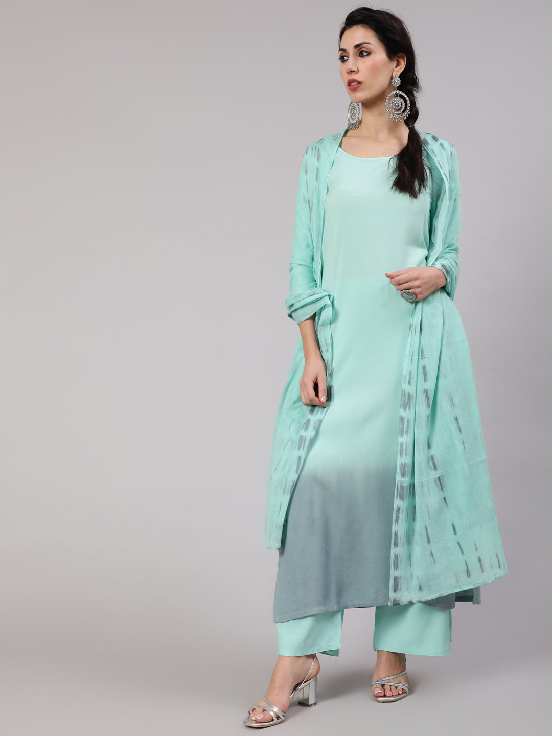 Green & Grey Tie & Dye Kurta Palazzo With Dupatta - Elganza