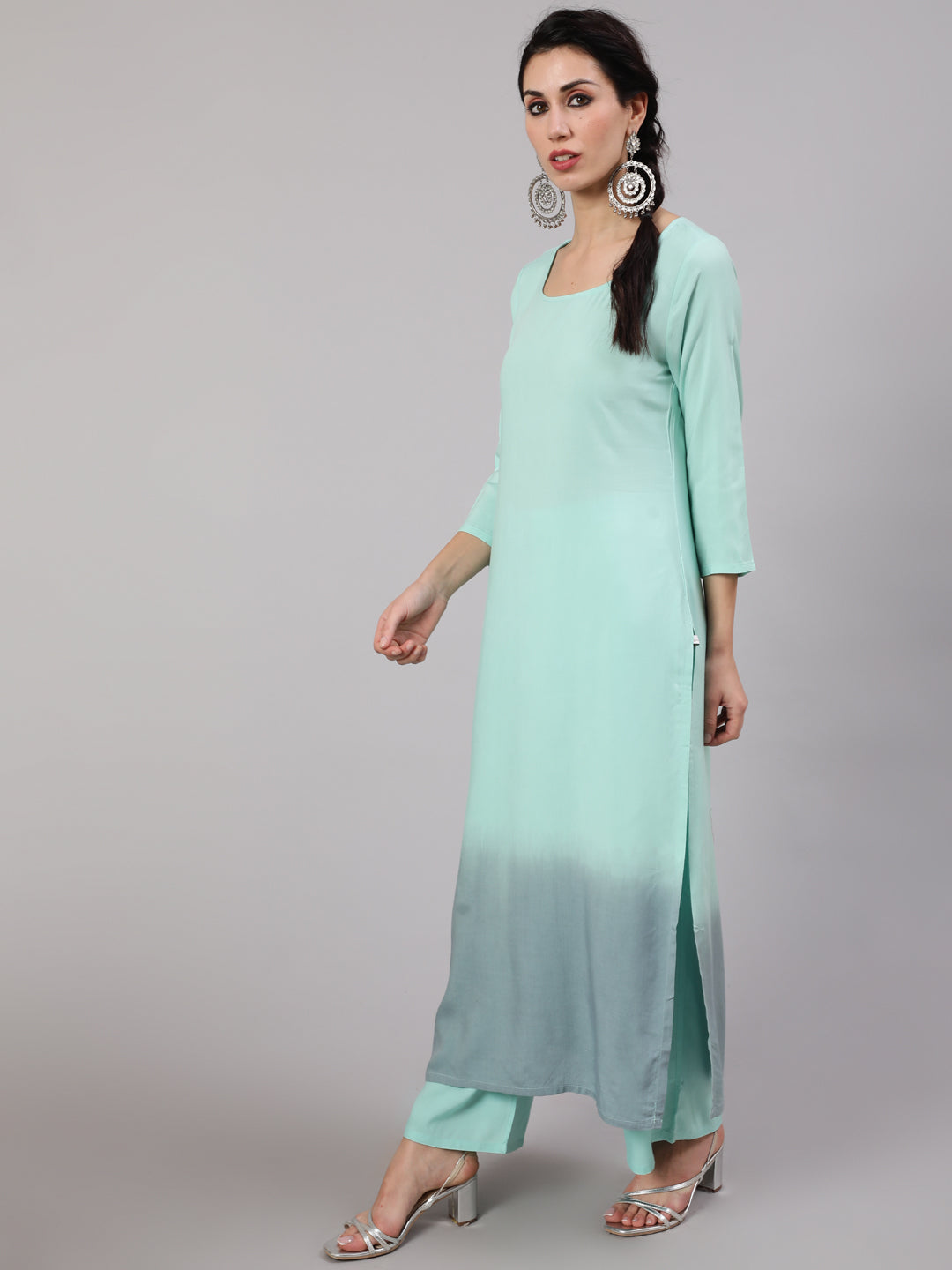 Green & Grey Tie & Dye Kurta Palazzo With Dupatta - Elganza