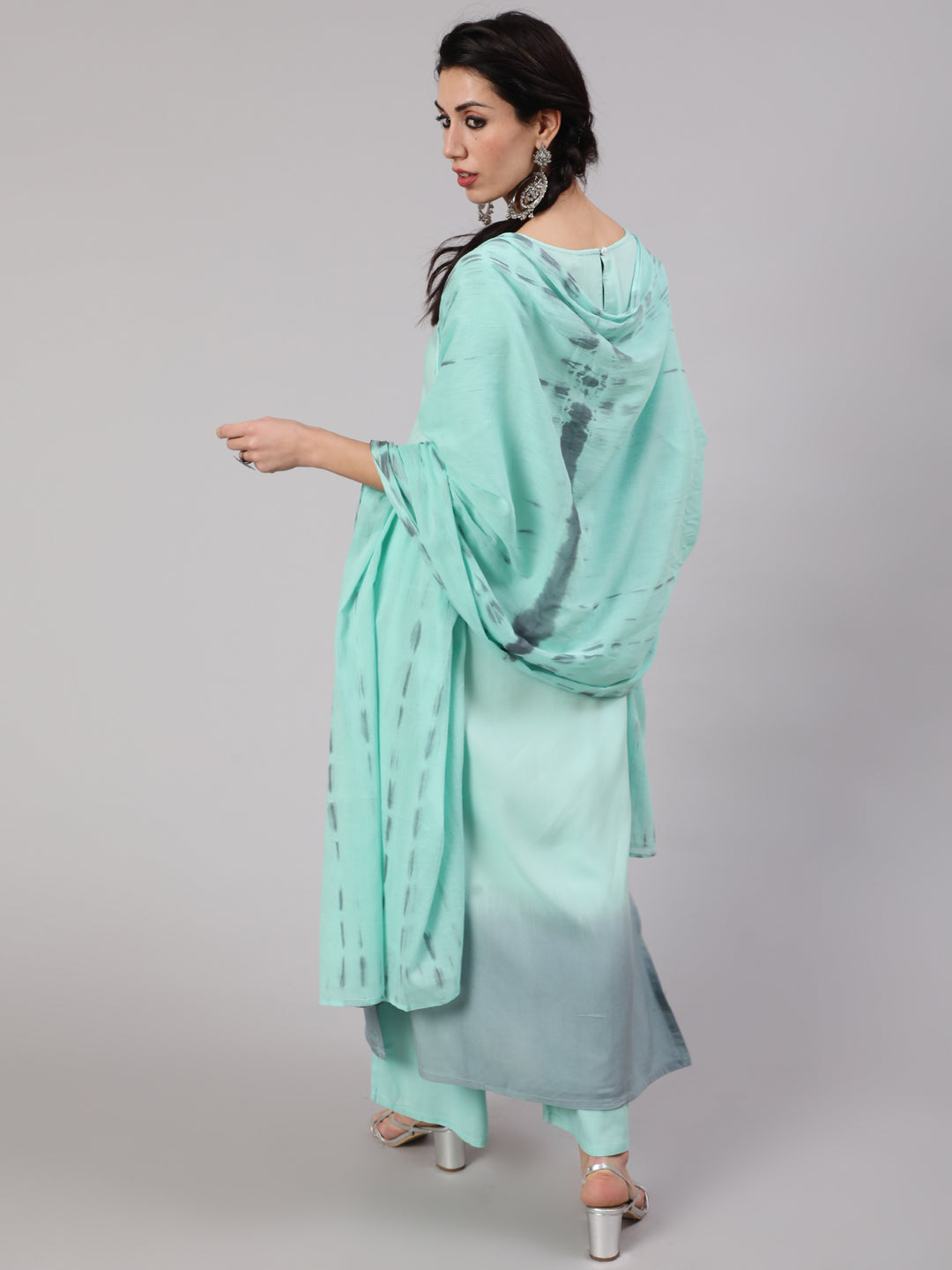 Green & Grey Tie & Dye Kurta Palazzo With Dupatta - Elganza