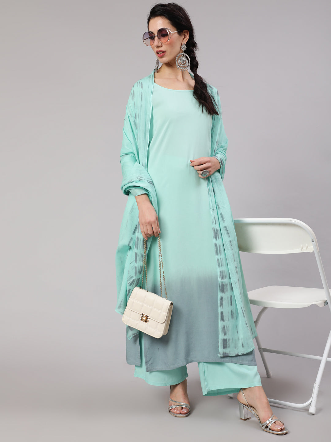 Green & Grey Tie & Dye Kurta Palazzo With Dupatta - Elganza