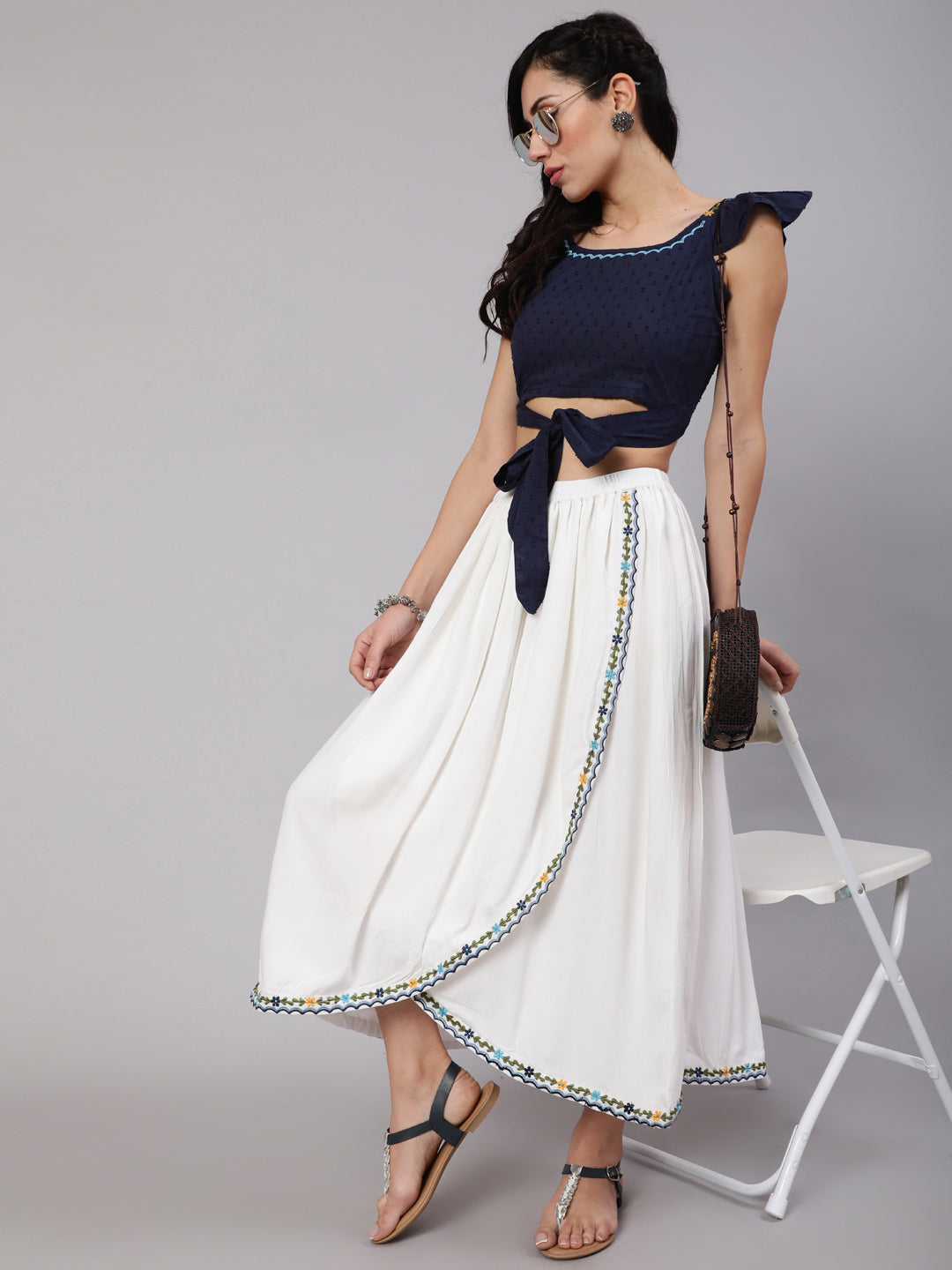 White & Blue Embroidered Co-Ord Set - Elganza