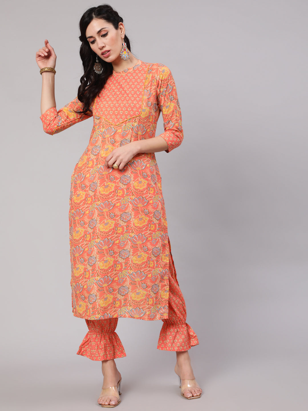 Peach Floral Print Kurta With Balloon Pant - Elganza