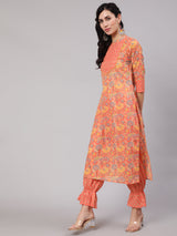 Peach Floral Print Kurta With Balloon Pant - Elganza