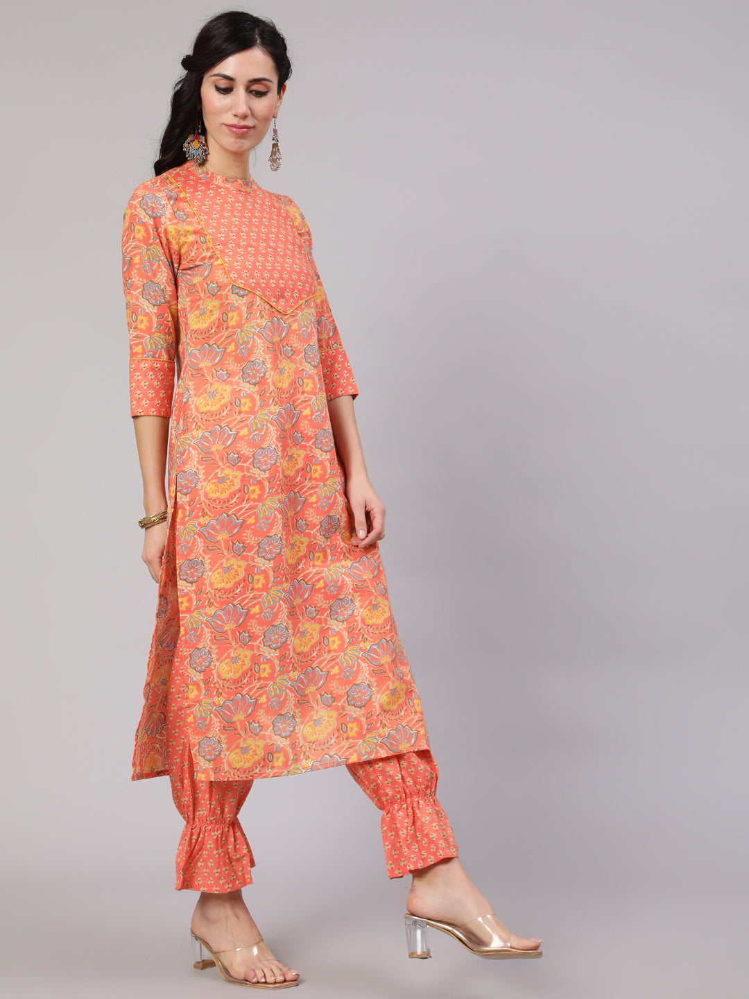 Peach Floral Print Kurta With Balloon Pant - Elganza