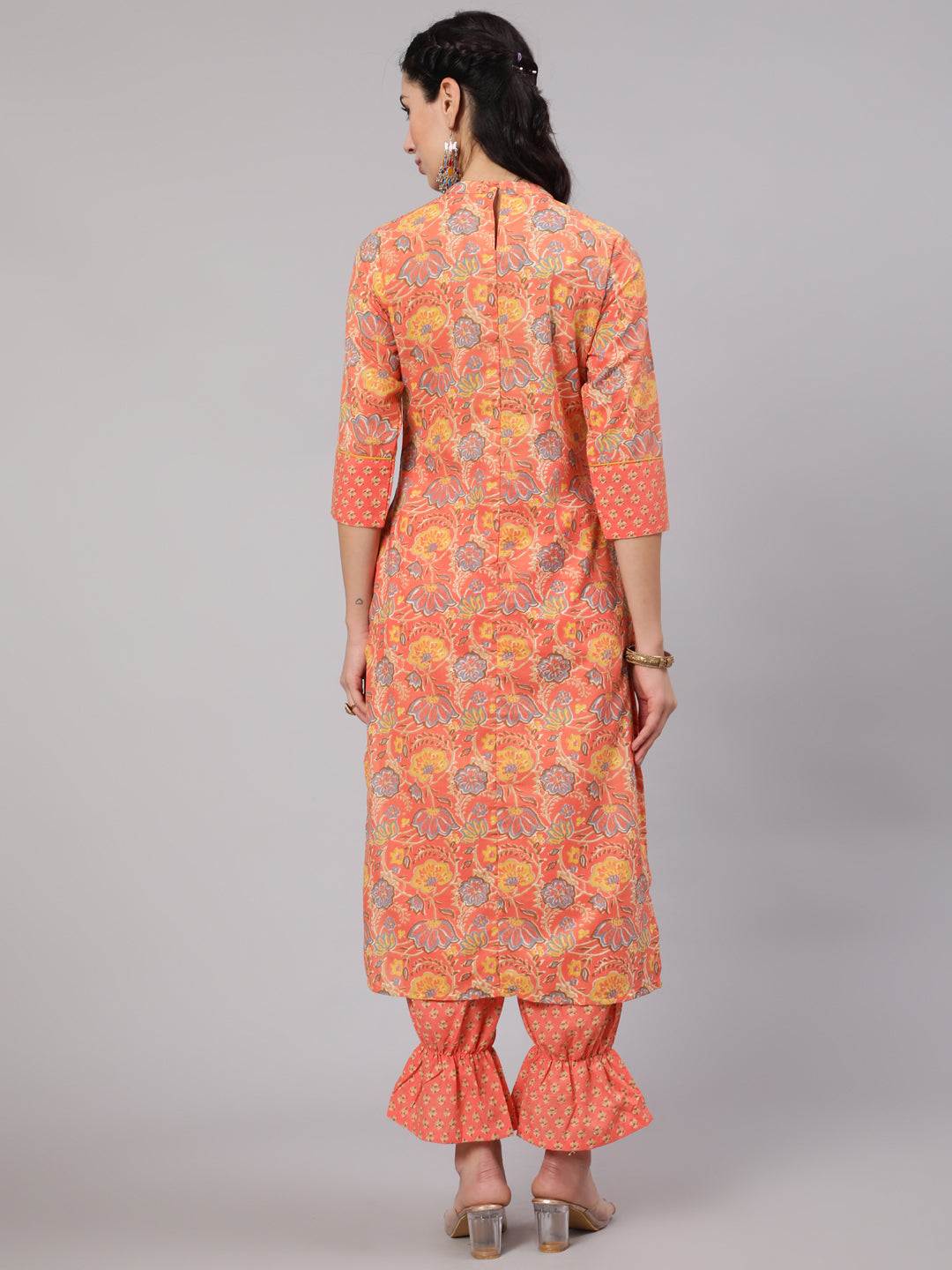 Peach Floral Print Kurta With Balloon Pant - Elganza