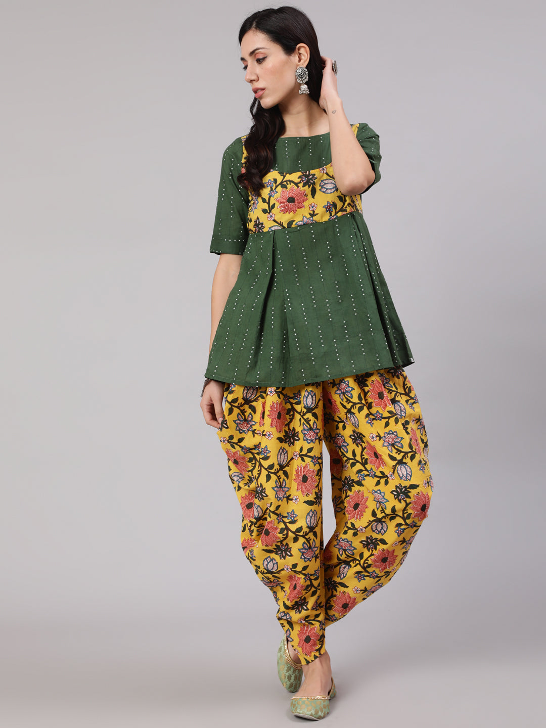 Green & Yellow Floral Print Dhoti Co Ord Set - Elganza