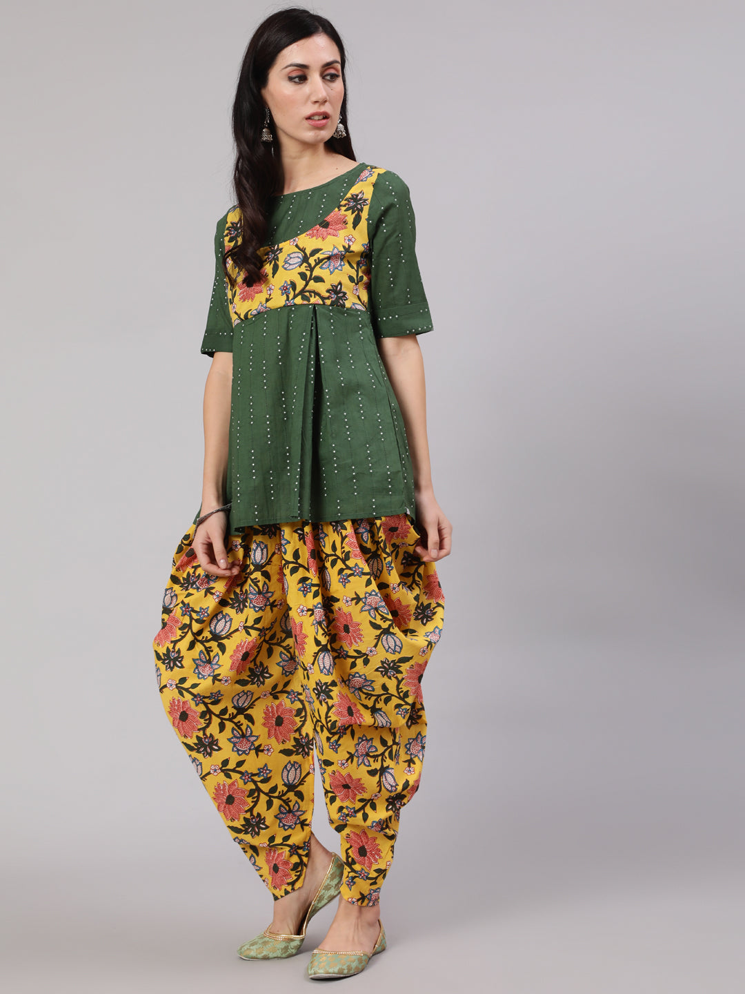 Green & Yellow Floral Print Dhoti Co Ord Set - Elganza