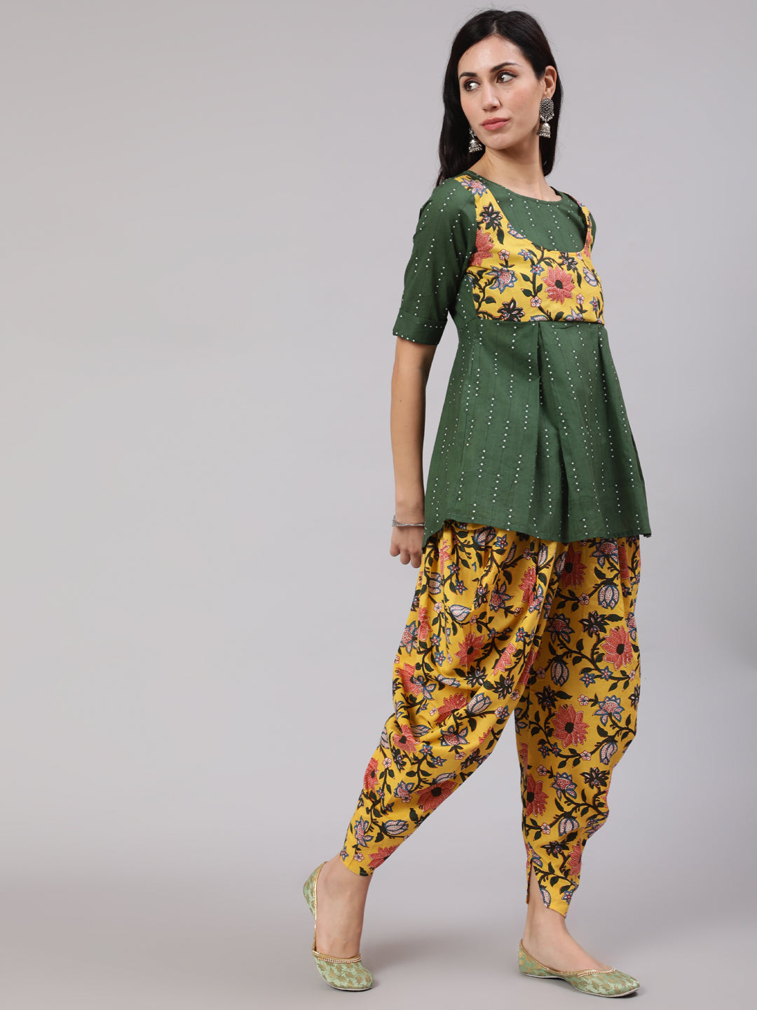 Green & Yellow Floral Print Dhoti Co Ord Set - Elganza