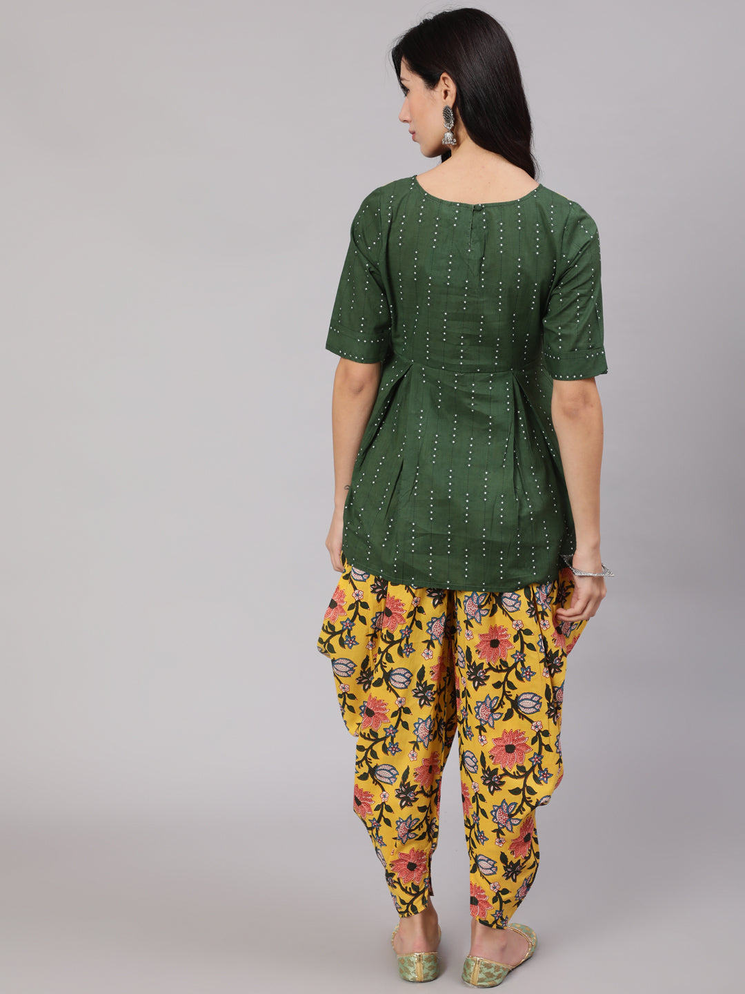 Green & Yellow Floral Print Dhoti Co Ord Set - Elganza
