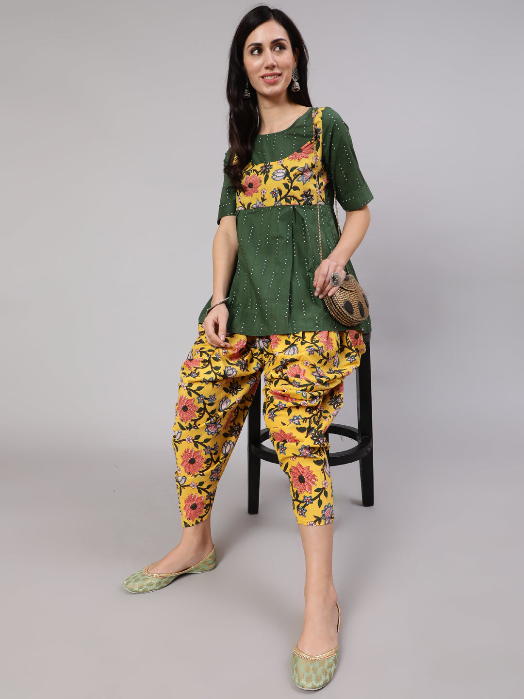 Green & Yellow Floral Print Dhoti Co Ord Set - Elganza