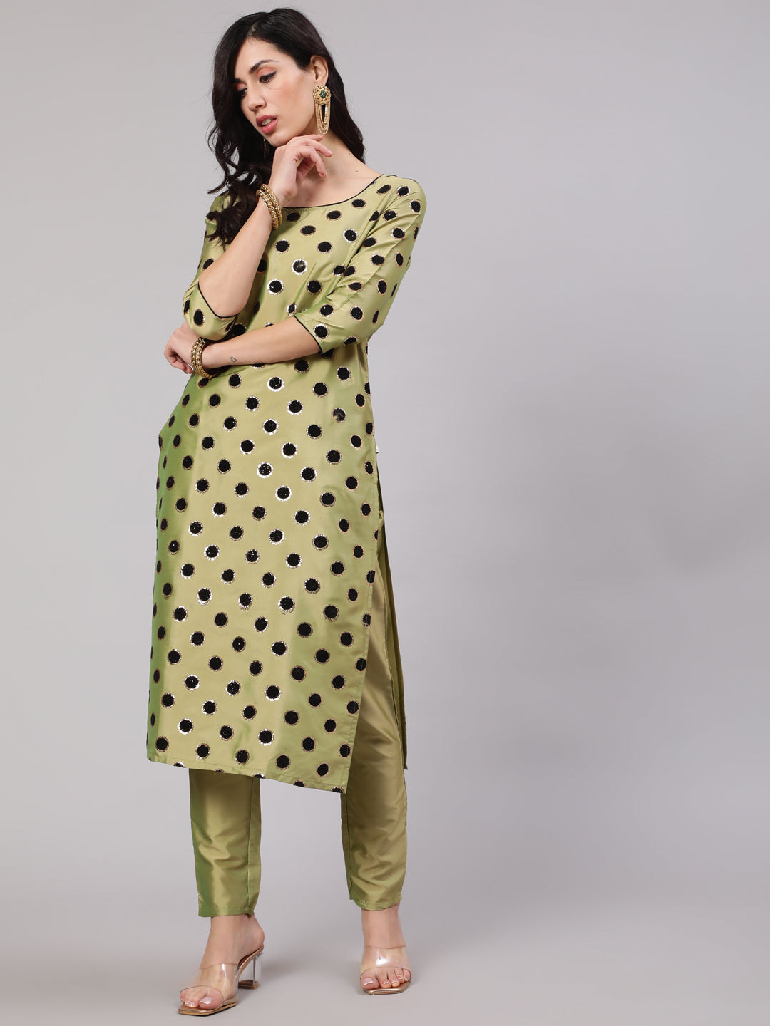 Green Flock Zari Print Straight Kurta With Pant - Elganza