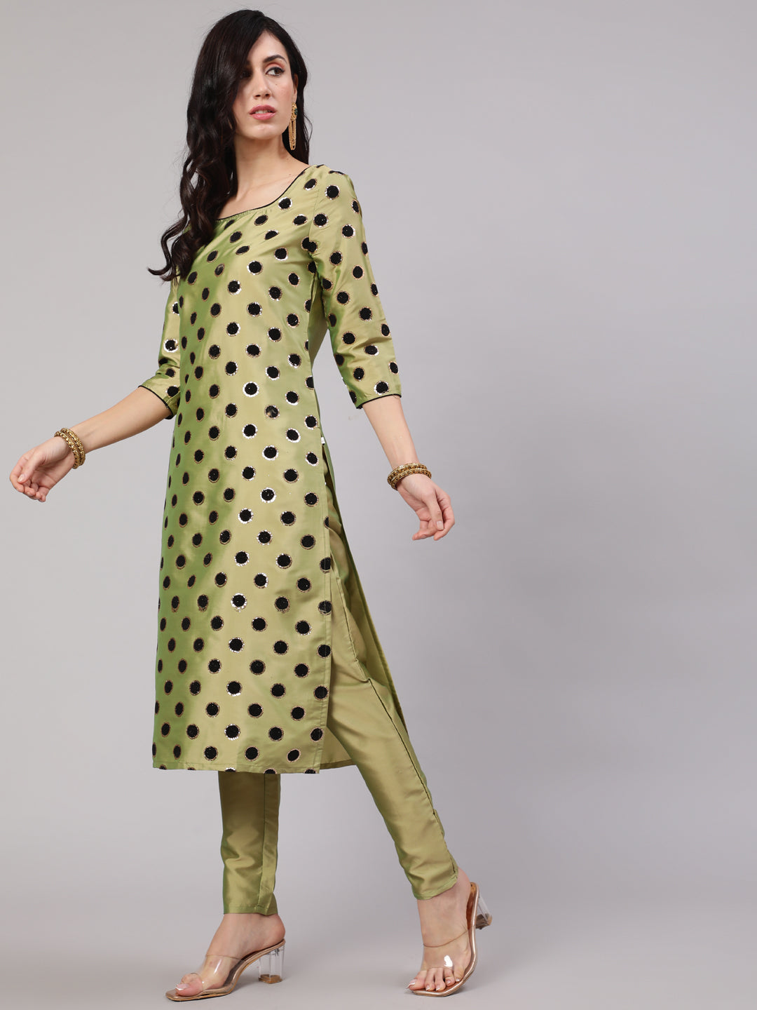 Green Flock Zari Print Straight Kurta With Pant - Elganza