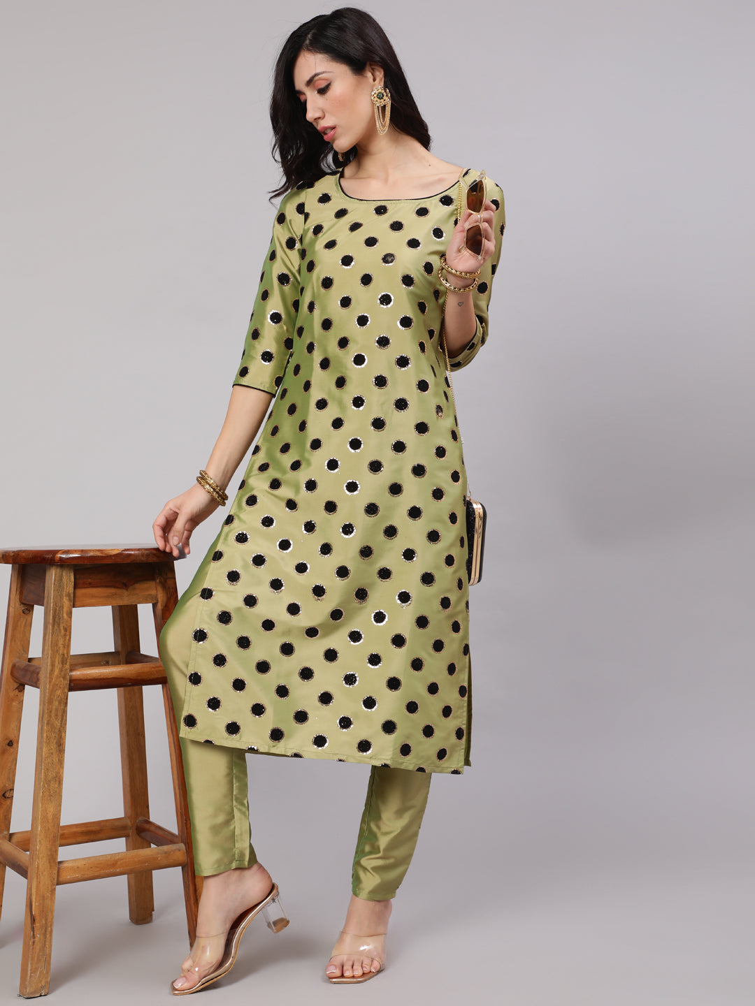 Green Flock Zari Print Straight Kurta With Pant - Elganza