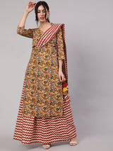Mustard Floral Printed Kurta Skirt With Dupatta - Elganza