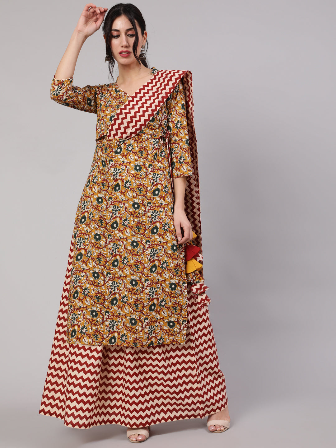 Mustard Floral Printed Kurta Skirt With Dupatta - Elganza