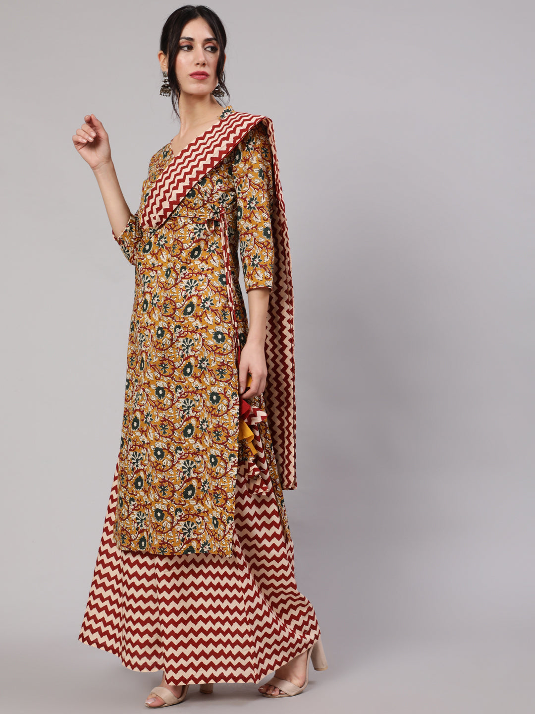 Mustard Floral Printed Kurta Skirt With Dupatta - Elganza