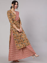 Mustard Floral Printed Kurta Skirt With Dupatta - Elganza