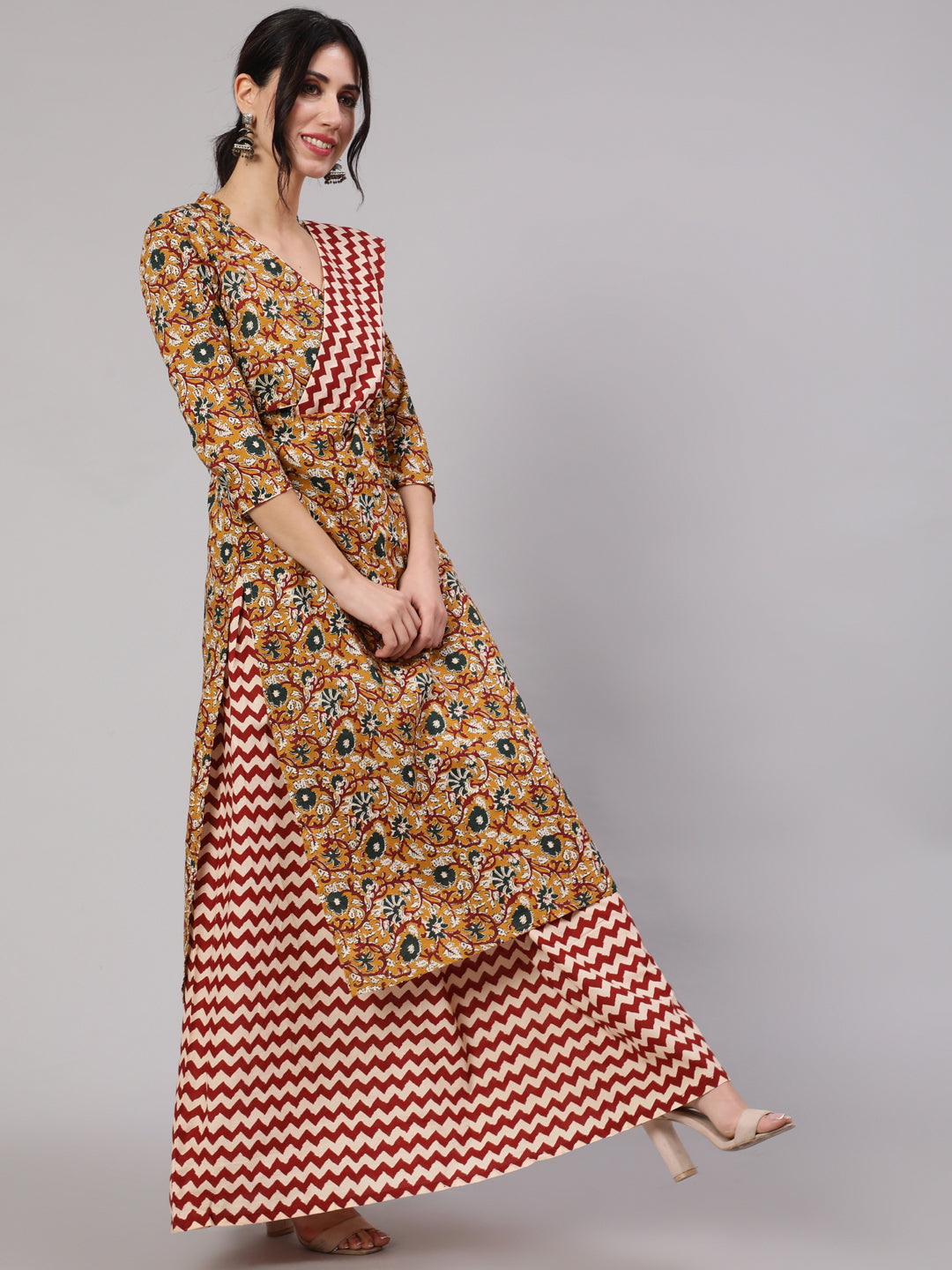 Mustard Floral Printed Kurta Skirt With Dupatta - Elganza
