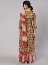 Mustard Floral Printed Kurta Skirt With Dupatta - Elganza