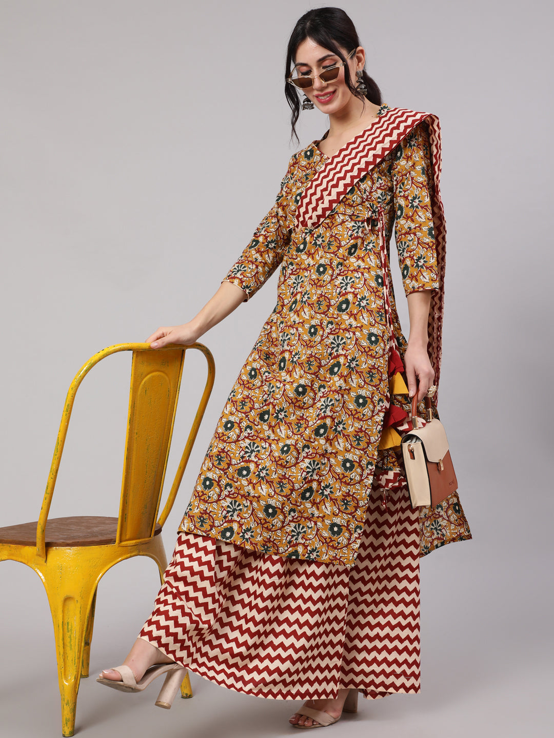 Mustard Floral Printed Kurta Skirt With Dupatta - Elganza