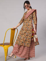 Mustard Floral Printed Kurta Skirt With Dupatta - Elganza