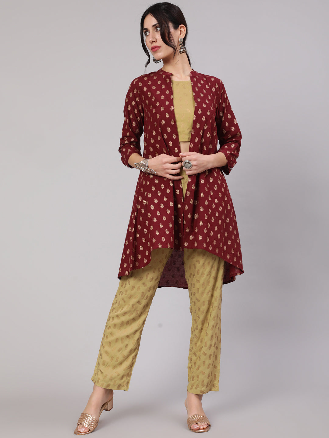 Beige Printed Co Ord Set with Jacket - Elganza