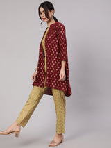 Beige Printed Co Ord Set with Jacket - Elganza