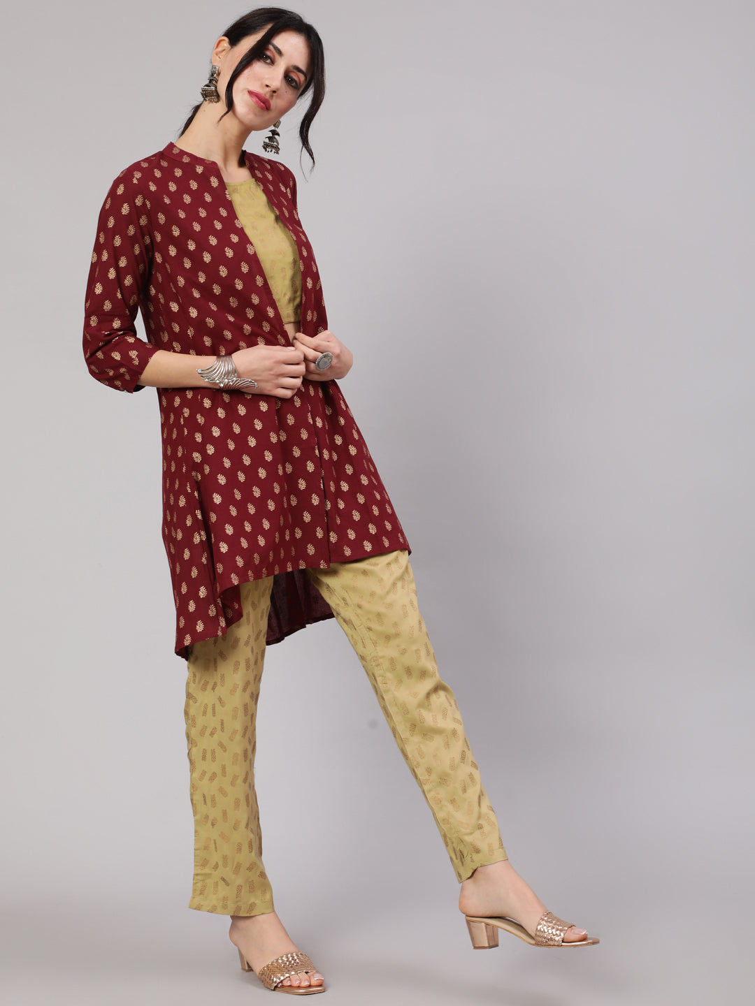 Beige Printed Co Ord Set with Jacket - Elganza