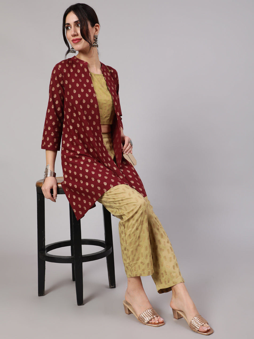 Beige Printed Co Ord Set with Jacket - Elganza