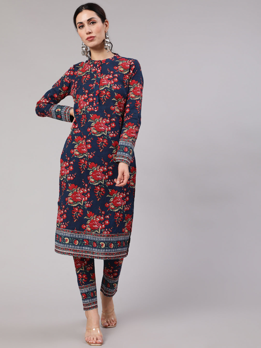 Navy Blue Floral Print Straight Kurta With Pant - Elganza