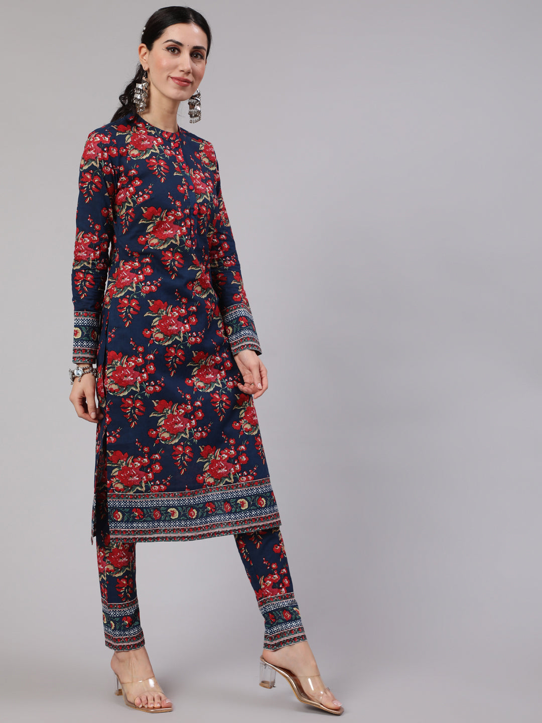 Navy Blue Floral Print Straight Kurta With Pant - Elganza