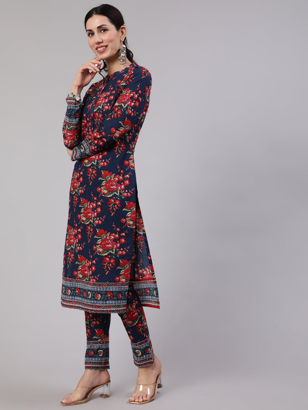 Navy Blue Floral Print Straight Kurta With Pant - Elganza