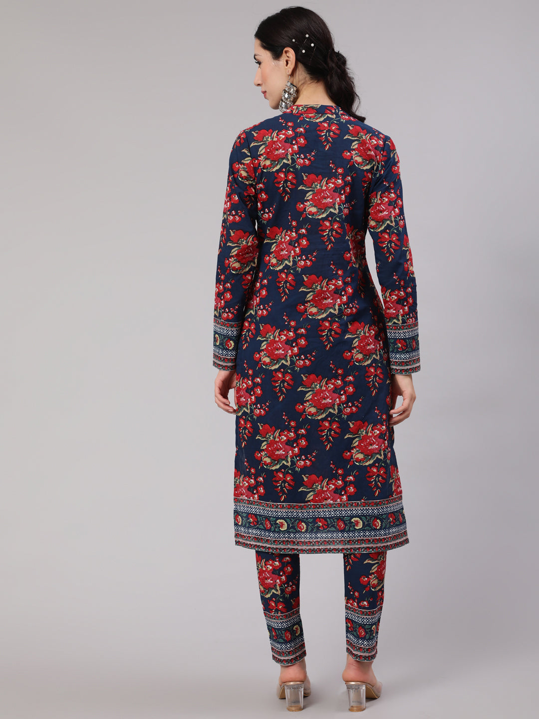 Navy Blue Floral Print Straight Kurta With Pant - Elganza