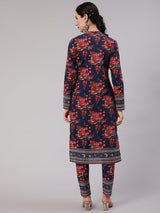 Navy Blue Floral Print Straight Kurta With Pant - Elganza