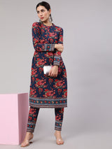 Navy Blue Floral Print Straight Kurta With Pant - Elganza