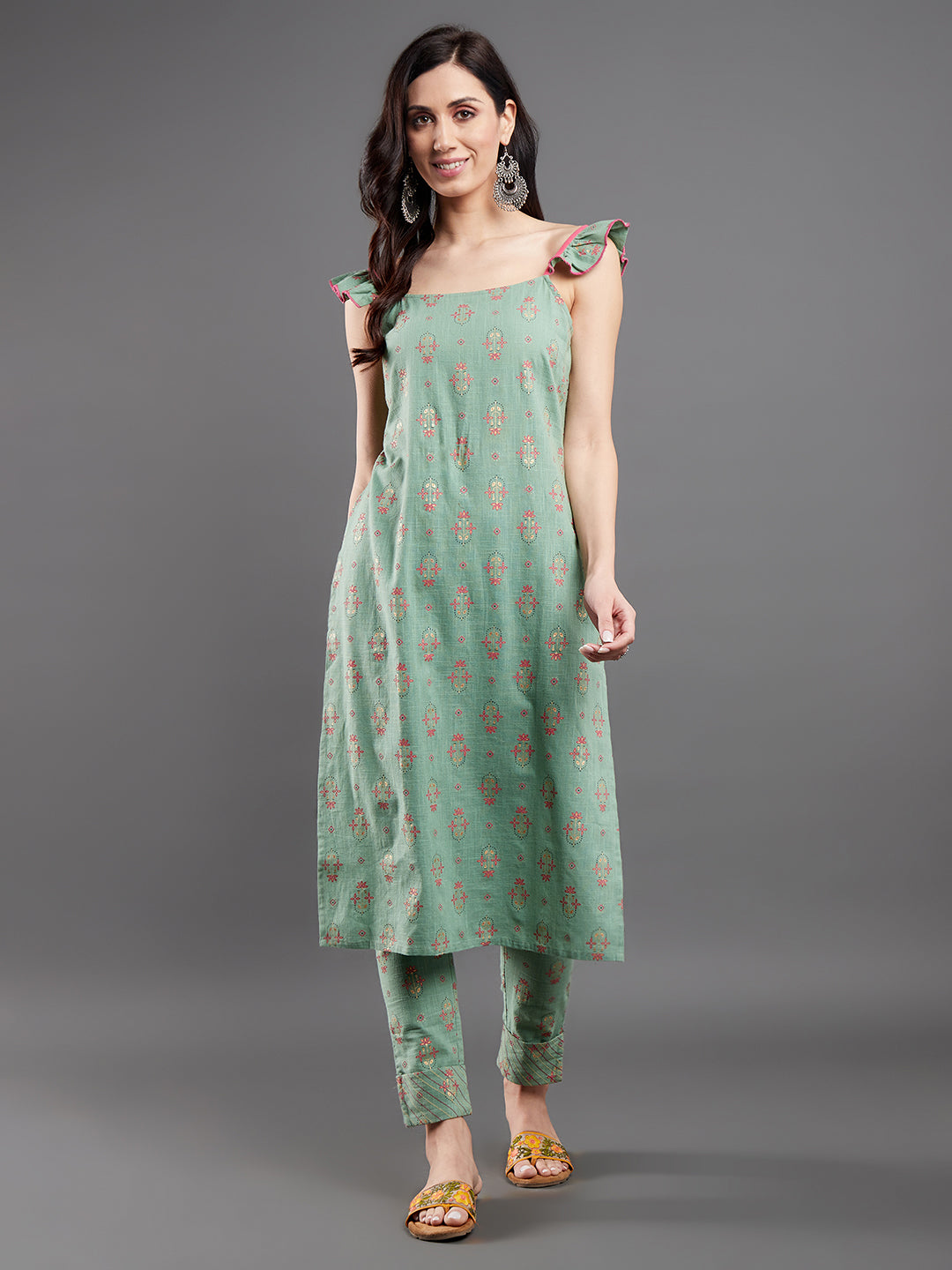 Sea Green Floral Print Kurta With Pant - Elganza
