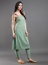 Sea Green Floral Print Kurta With Pant - Elganza