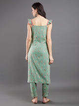 Sea Green Floral Print Kurta With Pant - Elganza