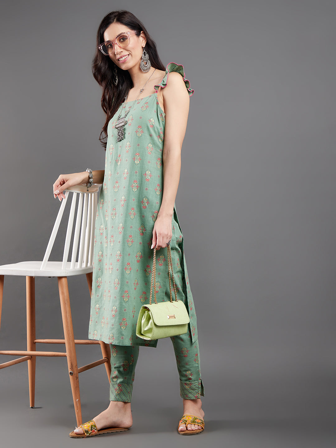 Sea Green Floral Print Kurta With Pant - Elganza