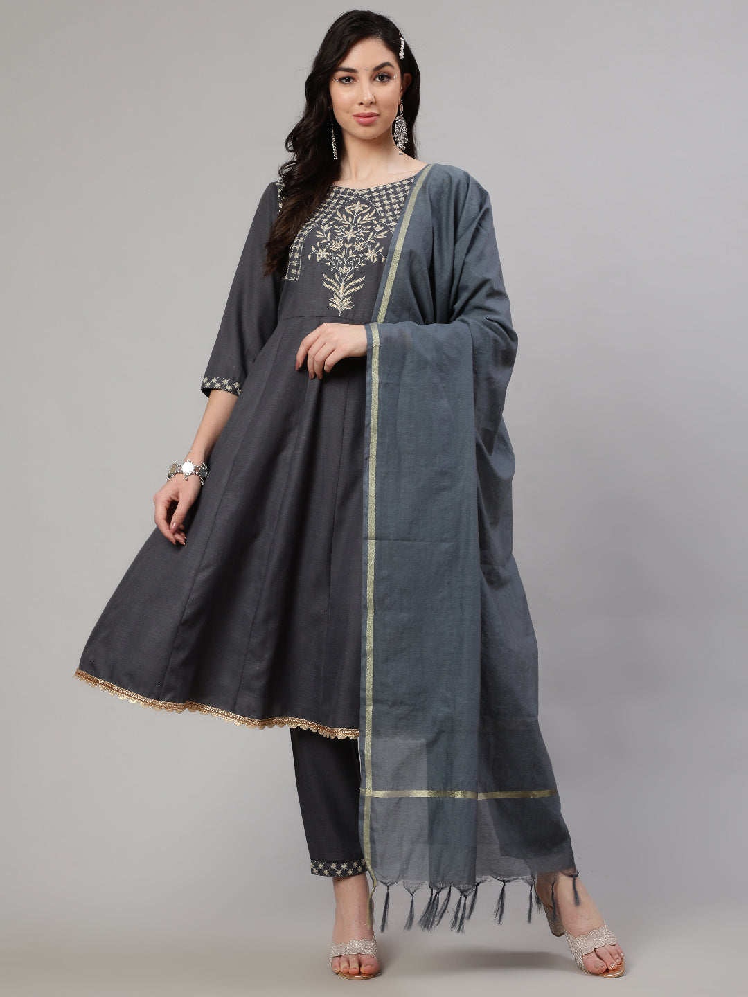 Grey Embroidered Anarkali Pant With Dupatta - Elganza