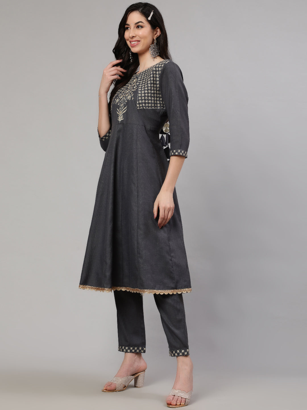 Grey Embroidered Anarkali Pant With Dupatta - Elganza