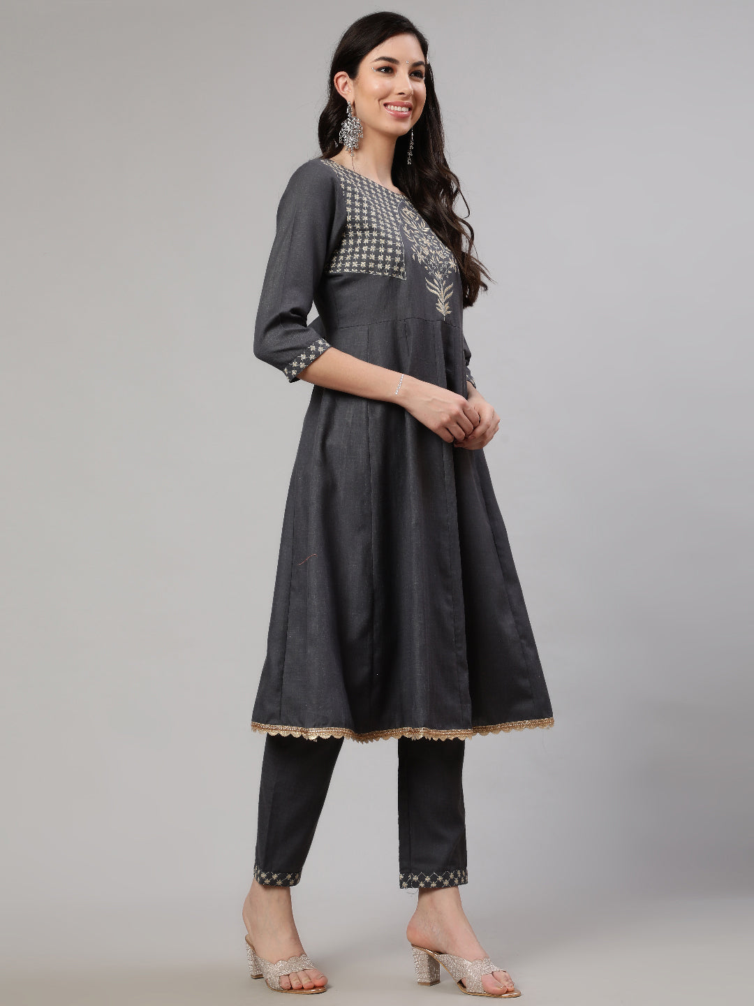 Grey Embroidered Anarkali Pant With Dupatta - Elganza