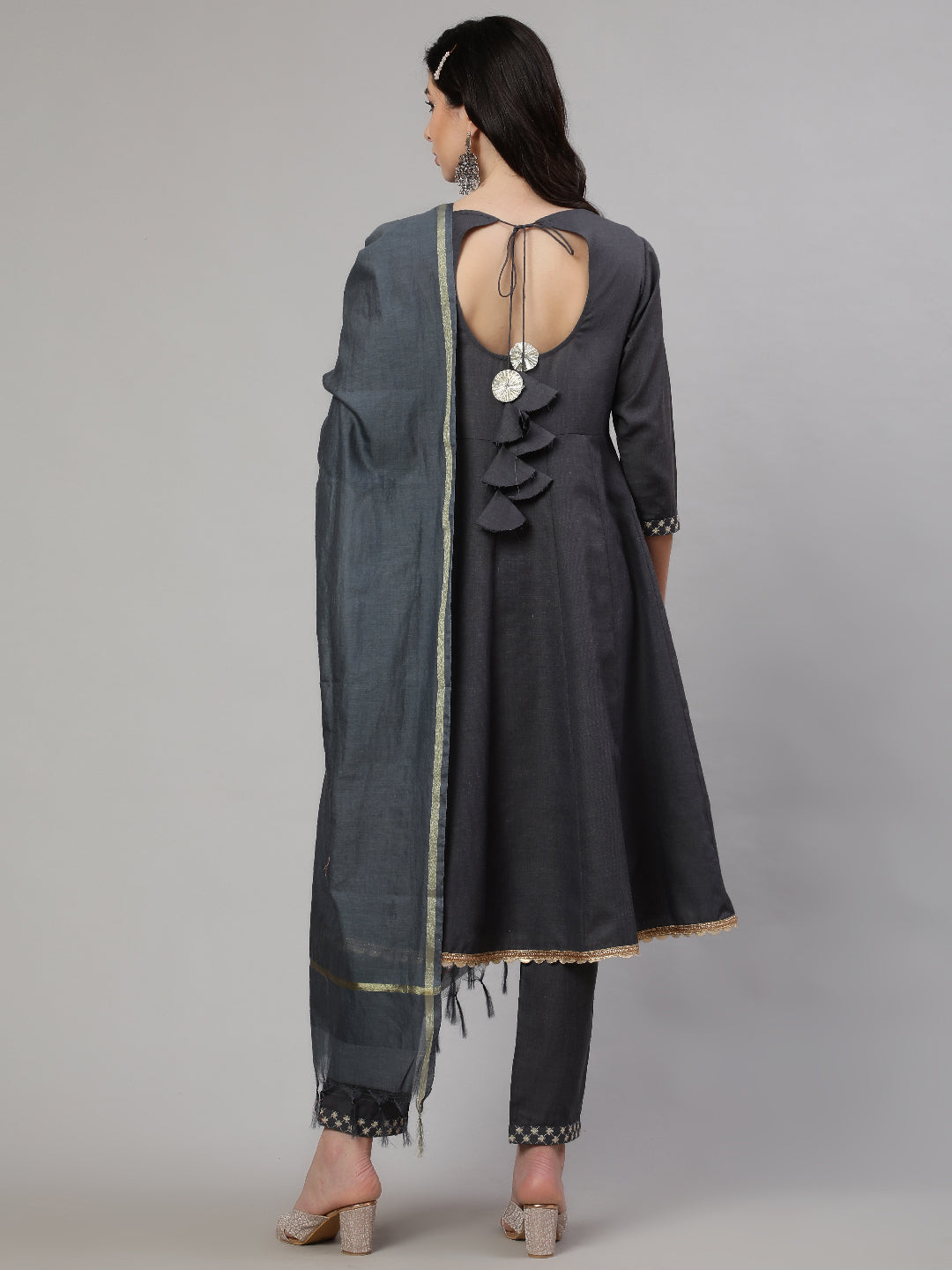 Grey Embroidered Anarkali Pant With Dupatta - Elganza