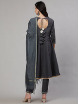 Grey Embroidered Anarkali Pant With Dupatta - Elganza